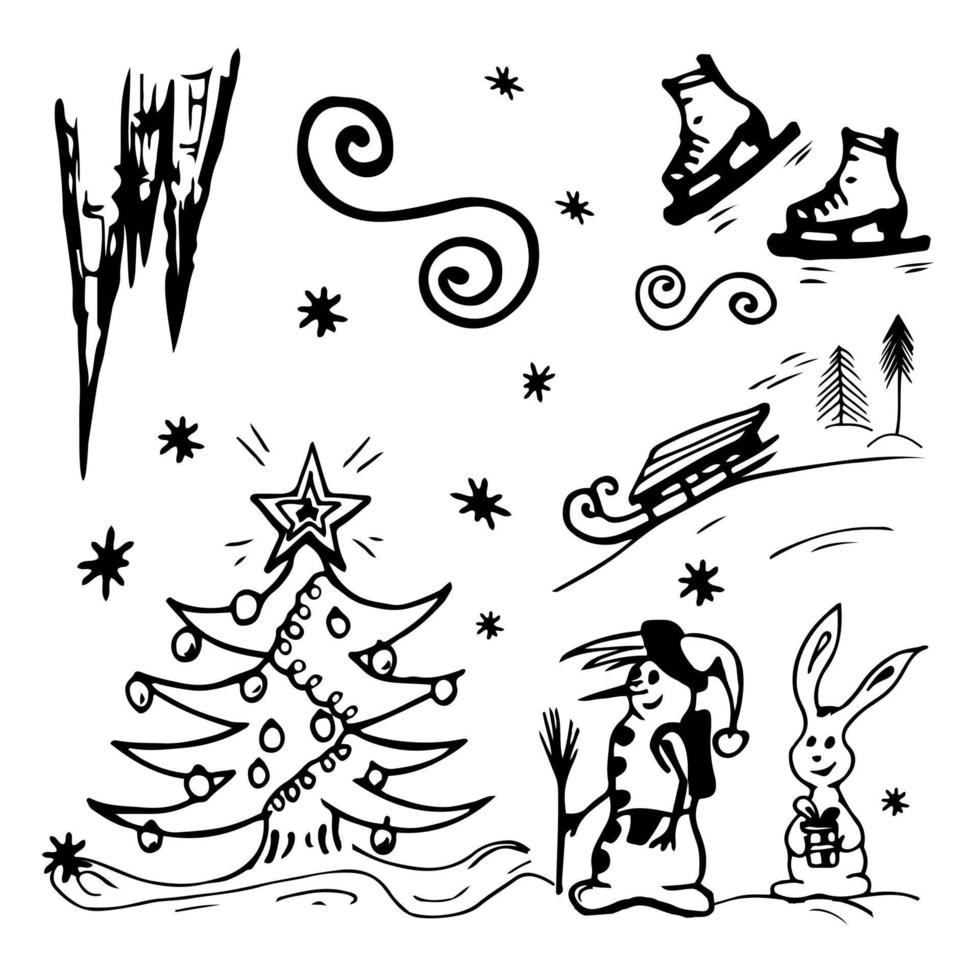 Snowman, Christmas tree, hare rabbit, snowfall, snowflakes, sled, skates, slide. Vector illustration