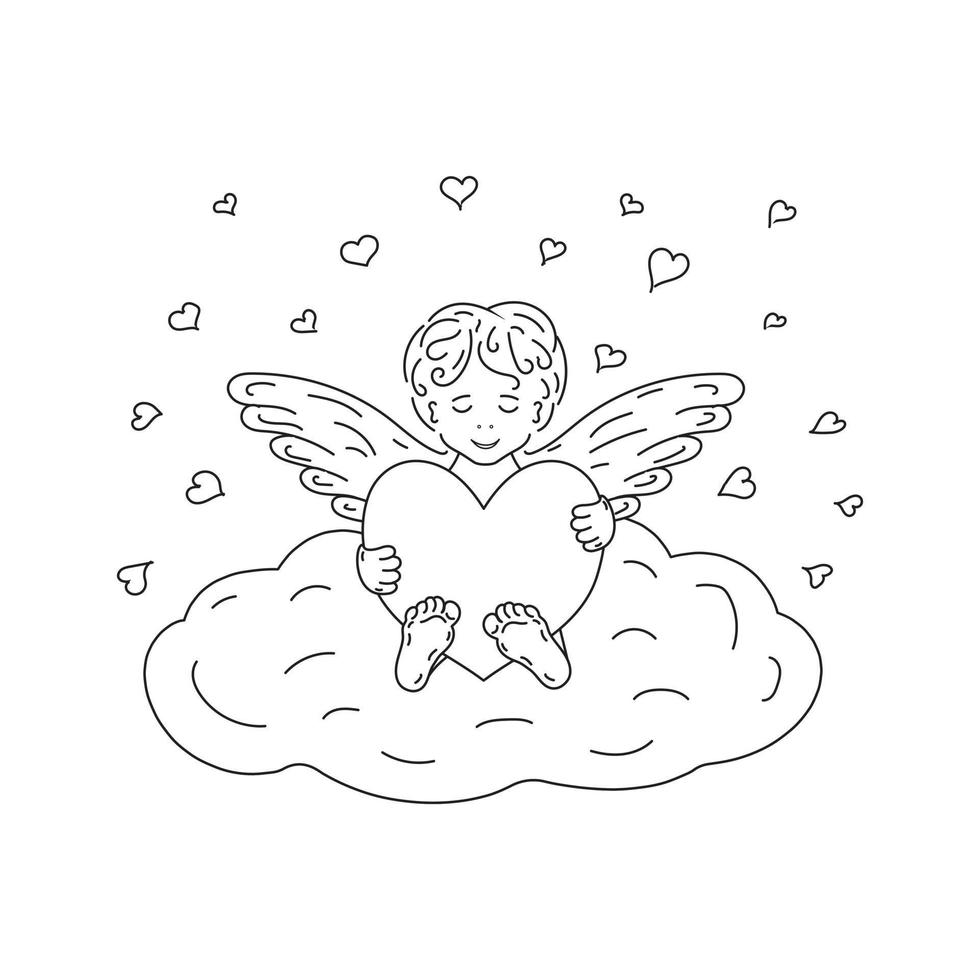 Coloring page with angel, cupid for valentine's day. Angel with heart on cloud. Vector illustration.