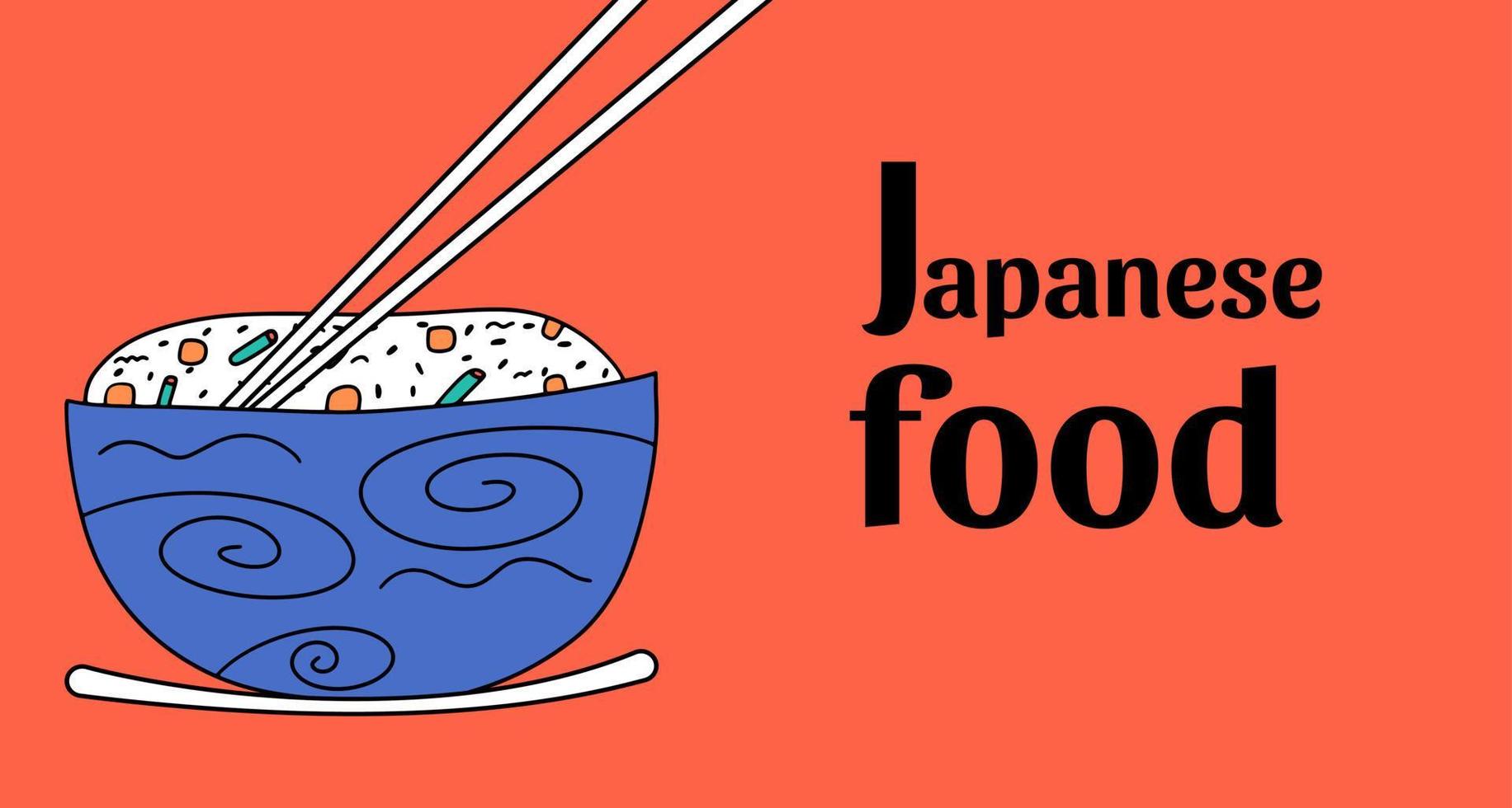 Background, banner with rice and vegetables, Japanese or Chinese cuisine dish. Vector illustration in flat style