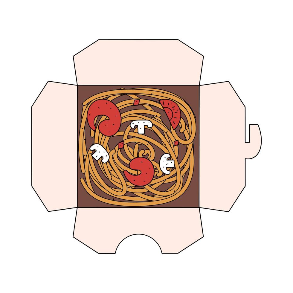 Top view open box with shrimp noodles and vegetables. A dish of Japanese or Chinese cuisine. Vector illustration in flat style
