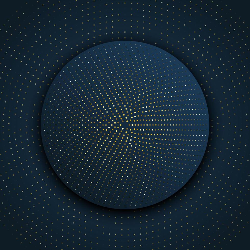 Abstract golden disk frame with gold lights and glittering elements on blue background. Golden glittering halftone circular frame. Luxury square design template for social media, banner, promo, sale vector