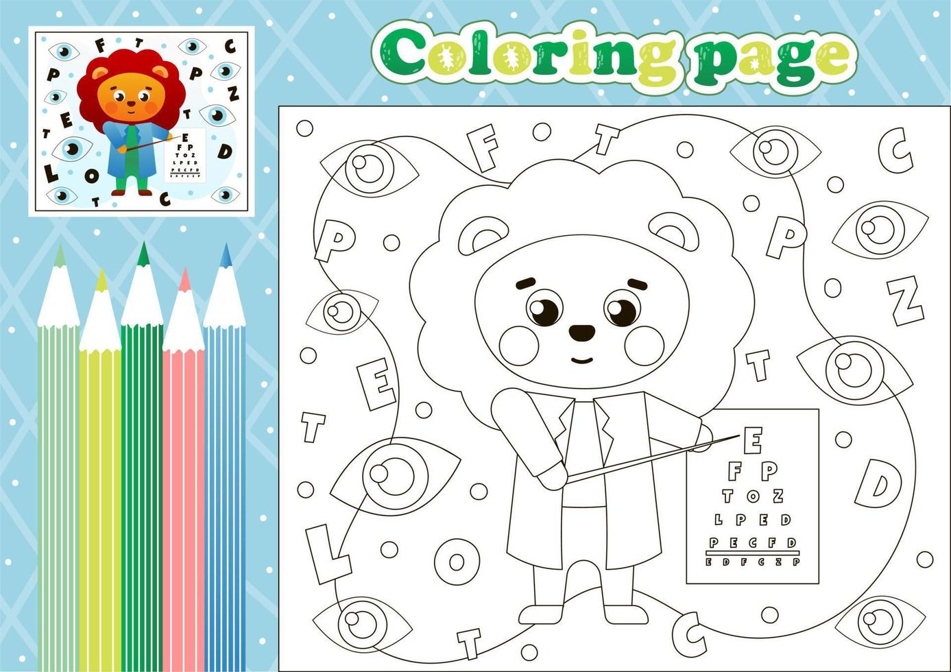 Medical coloring page for kids with cute lion ophthalmology doctor examining eye sight vector