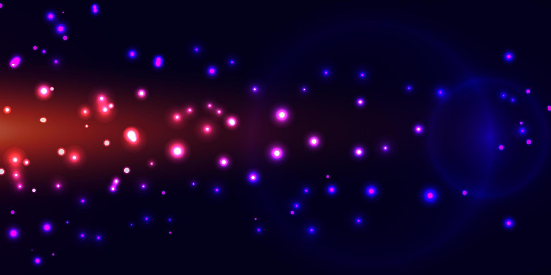 Wonderful abstract background of glitter lights and defocused bokeh. Blinking blue, pink and purple magic sparks, stars on dark background. Neon glow colors. Cosmic backdrop, galaxy vector