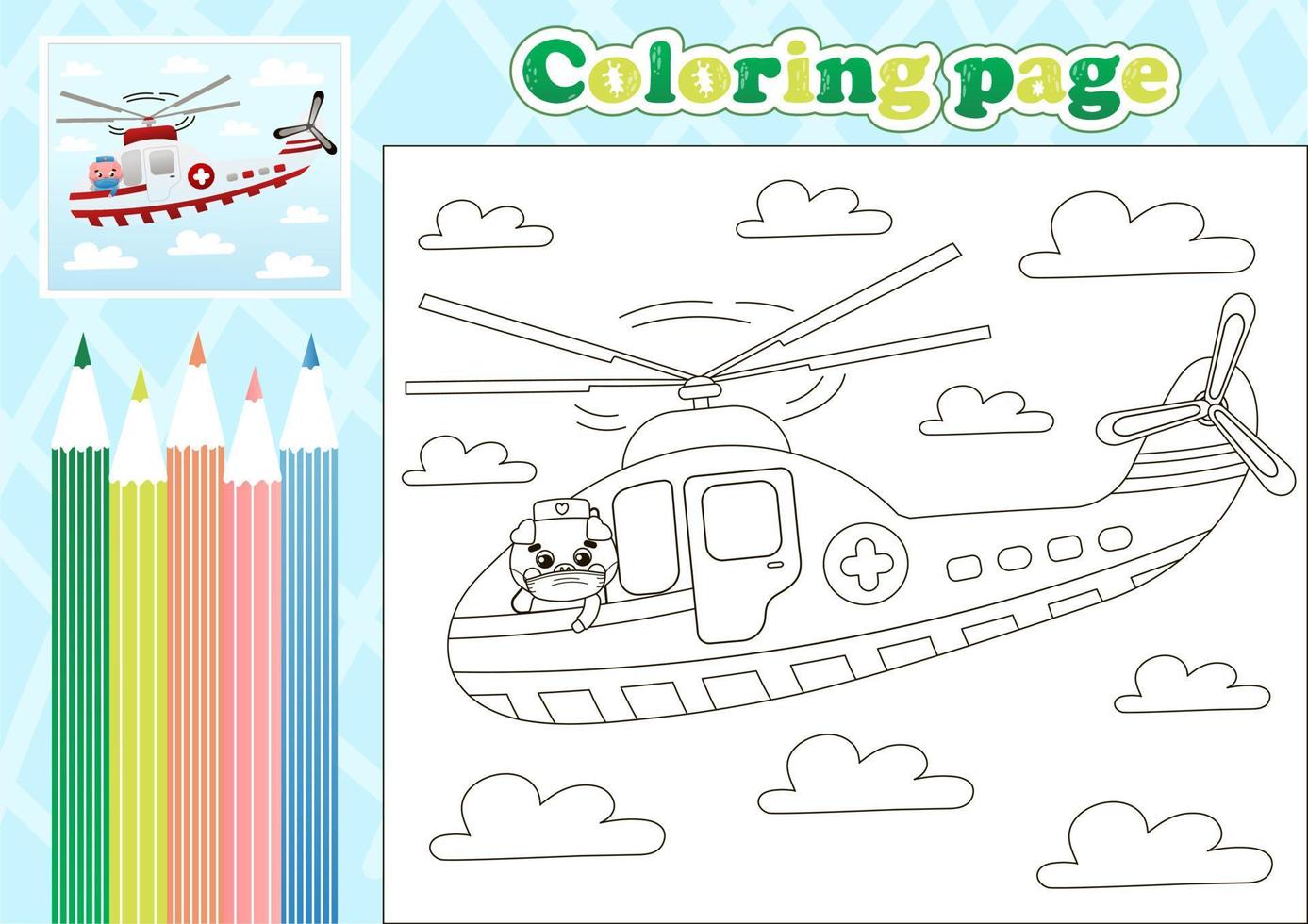 Medical coloring page for kids with cute pig doctor in cartoon helicopter ambulance vector