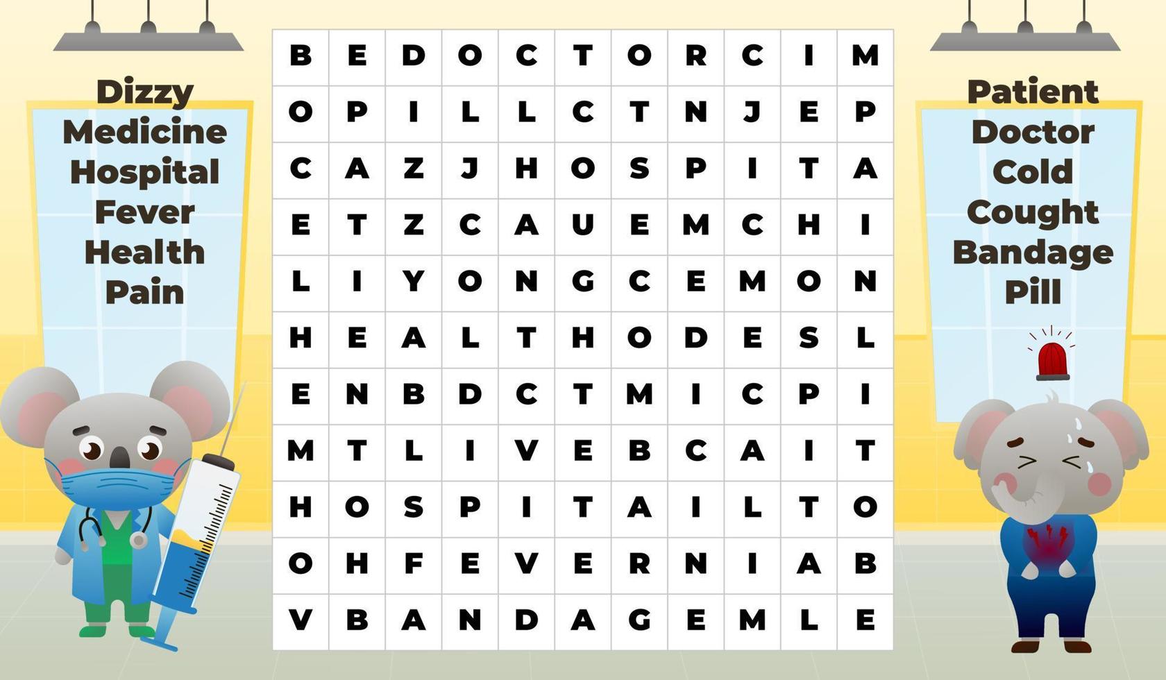 Medical word search game for kids with cute animal characters vector