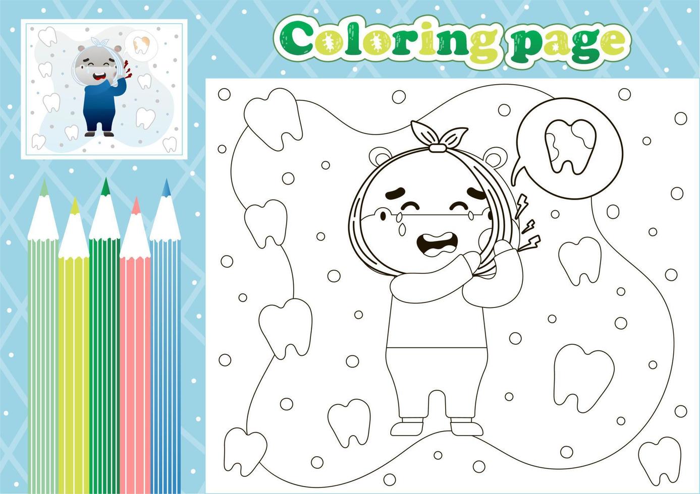 Medical coloring page for kids with cute hippo patient suffering from toothach vector