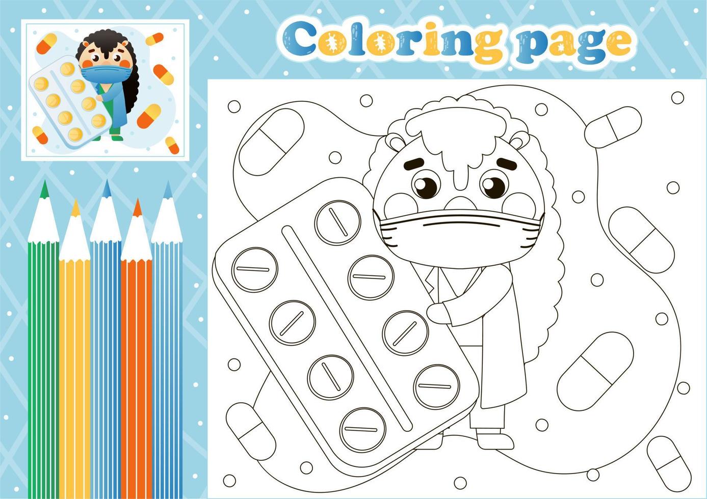 página médica para colorear para niños con un lindo médico erizo con pastillas vector