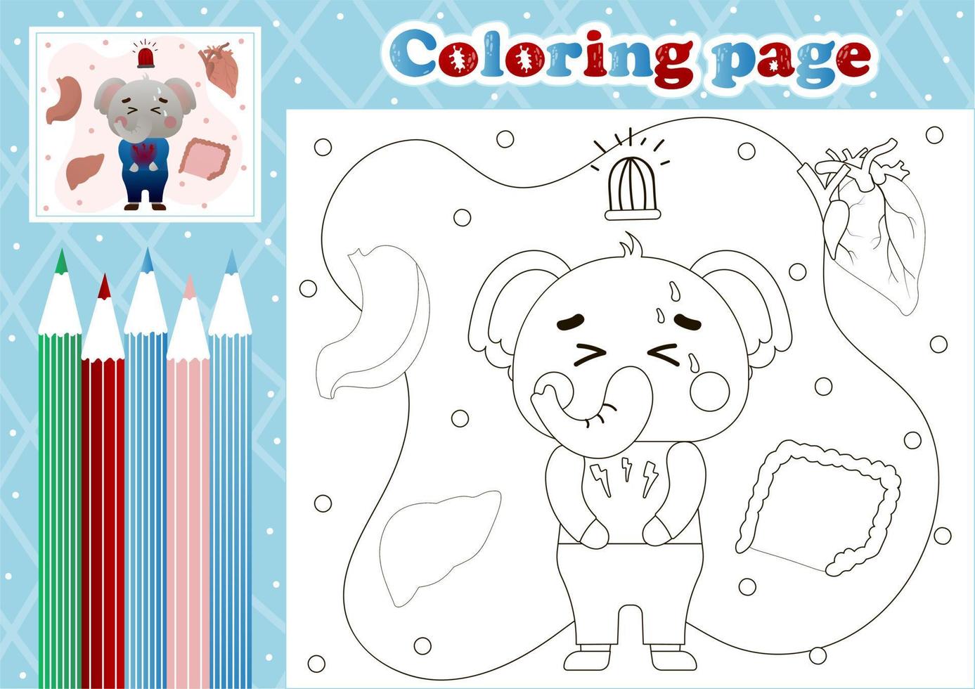 Medical coloring page for kids with cute elephant patient suffering from stomachache vector