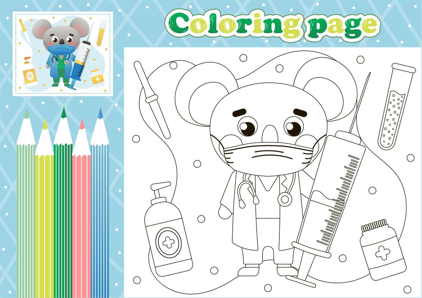 página médica para colorear para niños con lindo koala doctor con instrumentos médicos vector