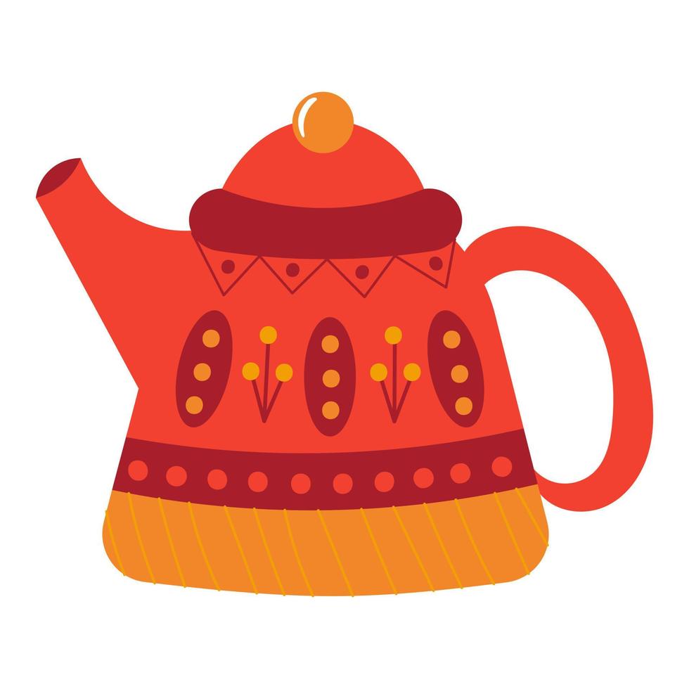 Cozy ceramic red teapot with leaves isolated on white background, time for hygge vector