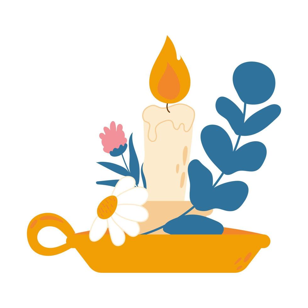 Cozy hygge home element, decorative burning aroma candle iwith hearbs and flowers isolated on white background vector