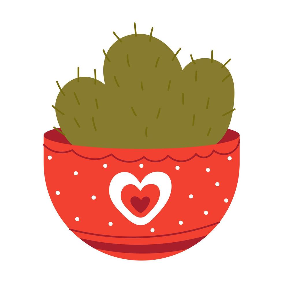 Acogedora planta de cactus en maceta roja con símbolo en forma de corazón aislado sobre fondo blanco. vector