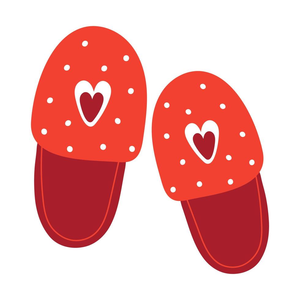 Home red slippers with heart symbol, cute cozy footwear vector