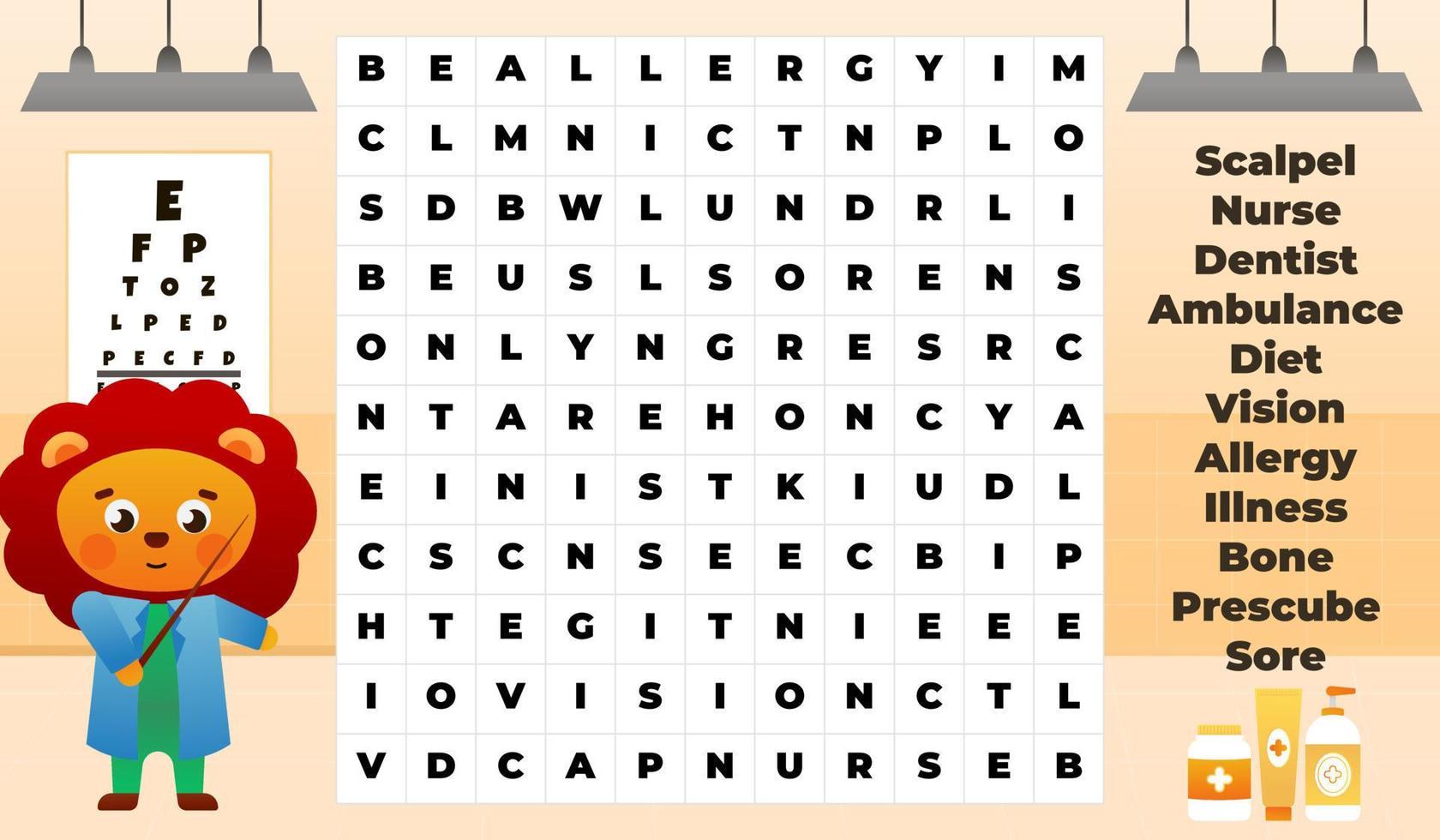 Medical word search game for kids with cute lion doctor characters in hospital vector