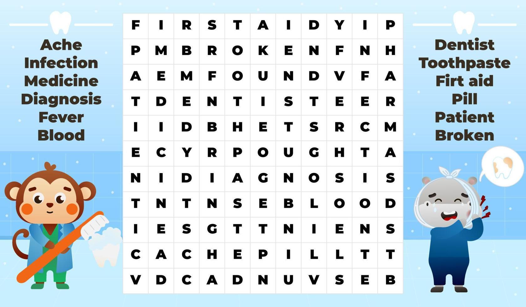 Medical word search game for kids with cute monkey dentist and hippo