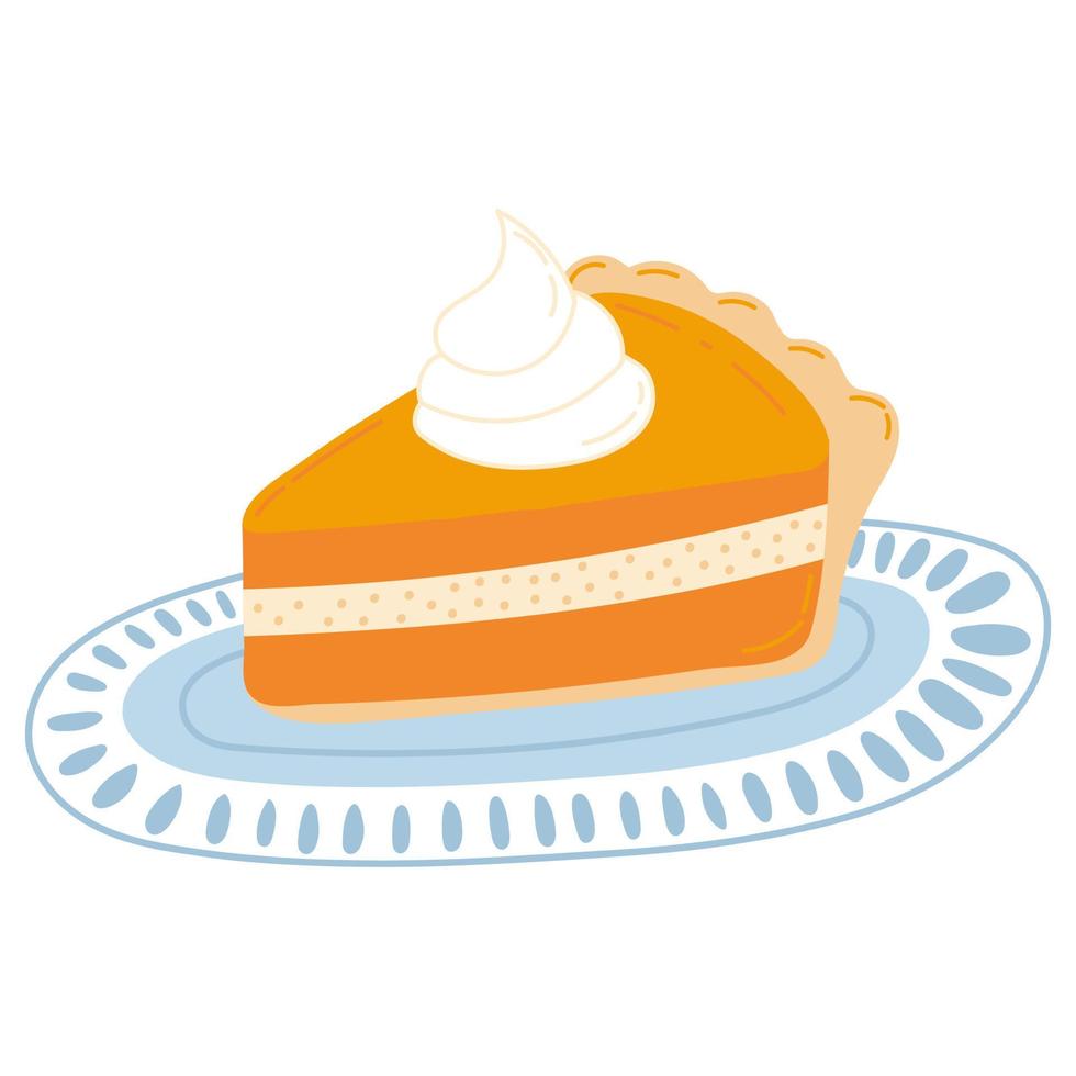 Piece of pumpkin pie on plate isolaed on white background, cozy autumn food, time for hygge vector