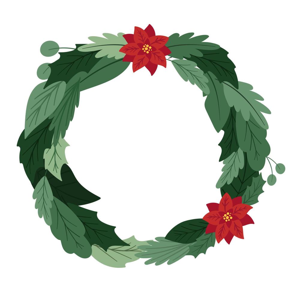 Christmas green wreath with poinsettia flower vector