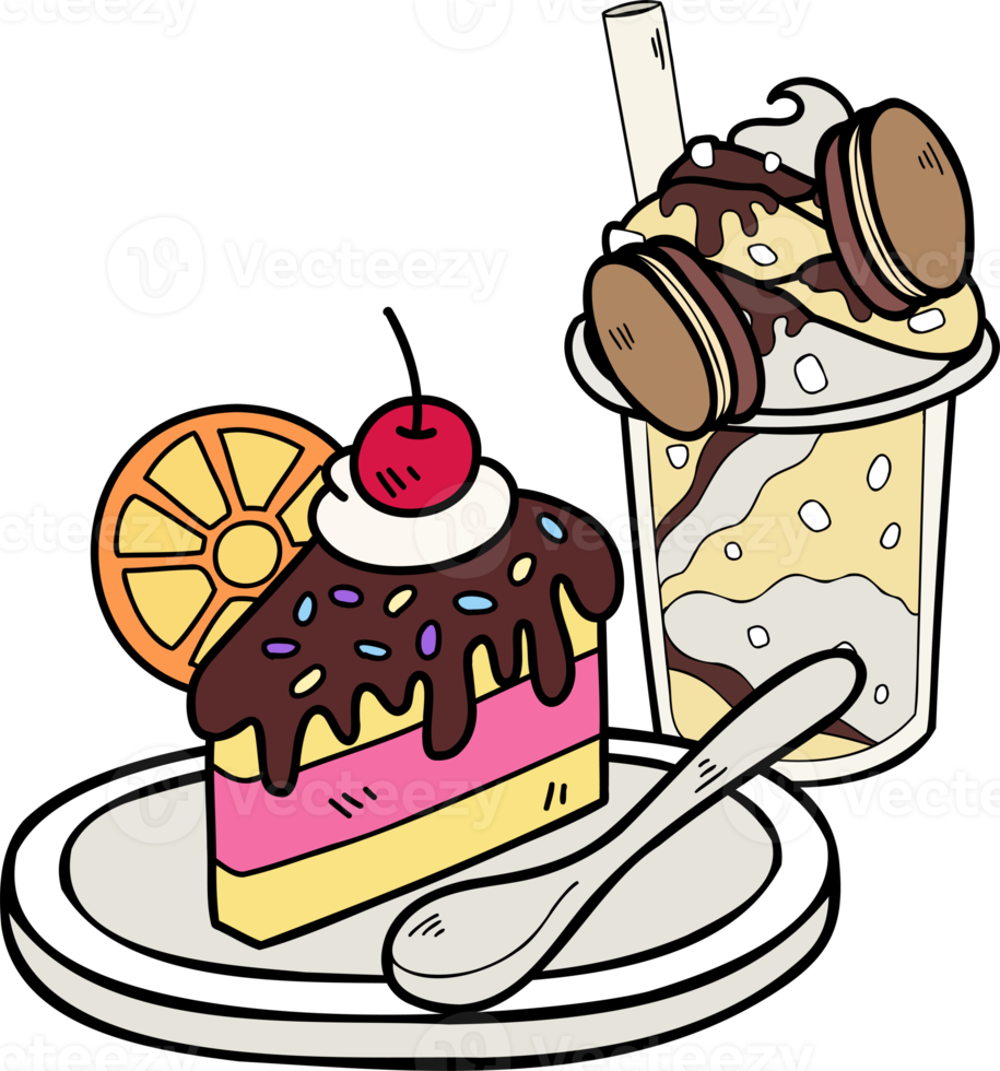 hand gezeichnete kuchen- und getränkeillustration png