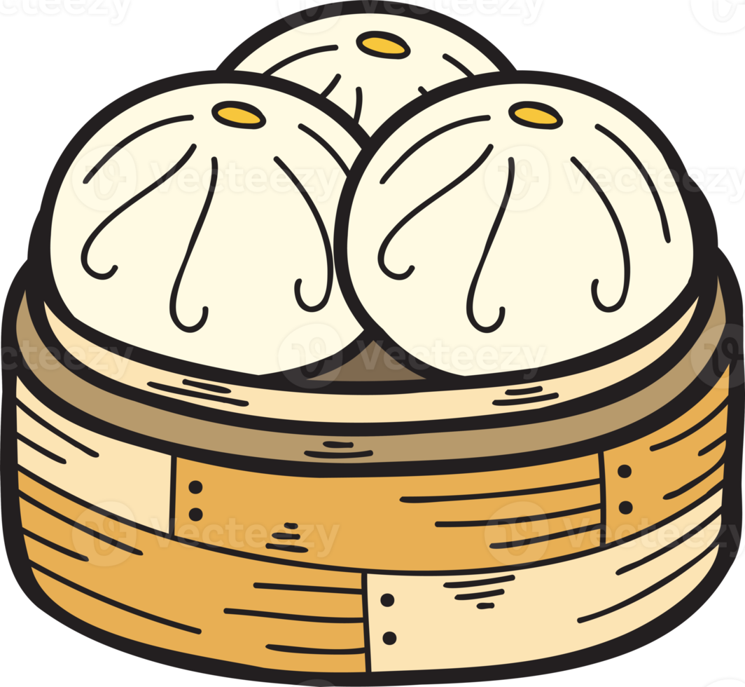 Hand Drawn steamed bun with bamboo tray Chinese and Japanese food illustration png