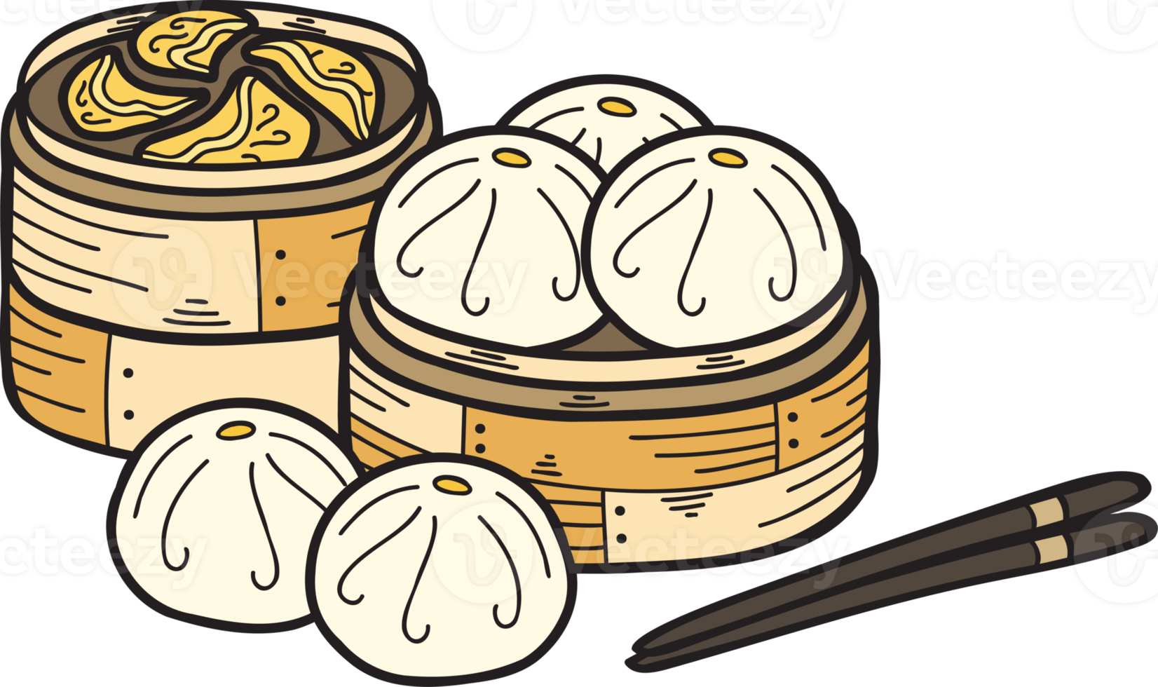 Hand Drawn steamed bun with bamboo tray Chinese and Japanese food illustration png