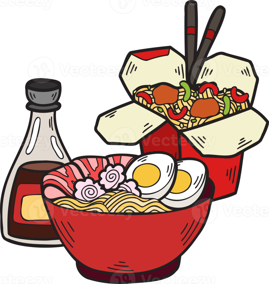 hand- getrokken noedels en ogenblik noedels Chinese en Japans voedsel illustratie png