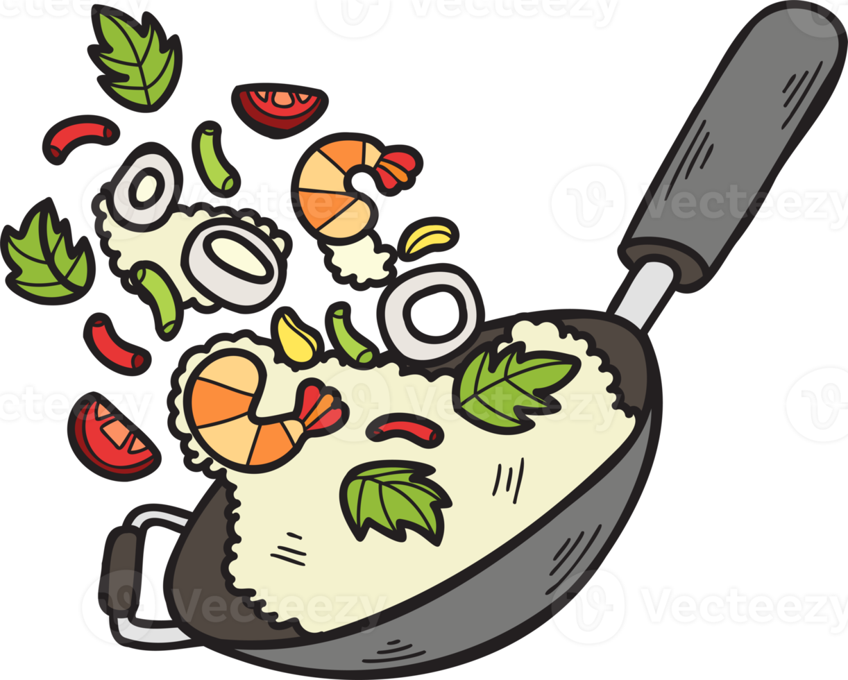 hand- getrokken wok en gebakken rijst- Chinese en Japans voedsel illustratie png
