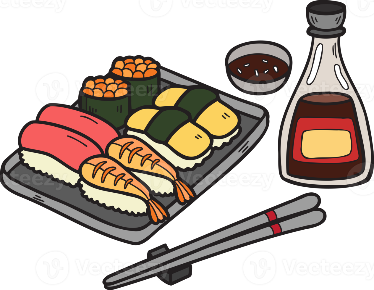 hand dragen sushi och ätpinnar kinesisk och japansk mat illustration png