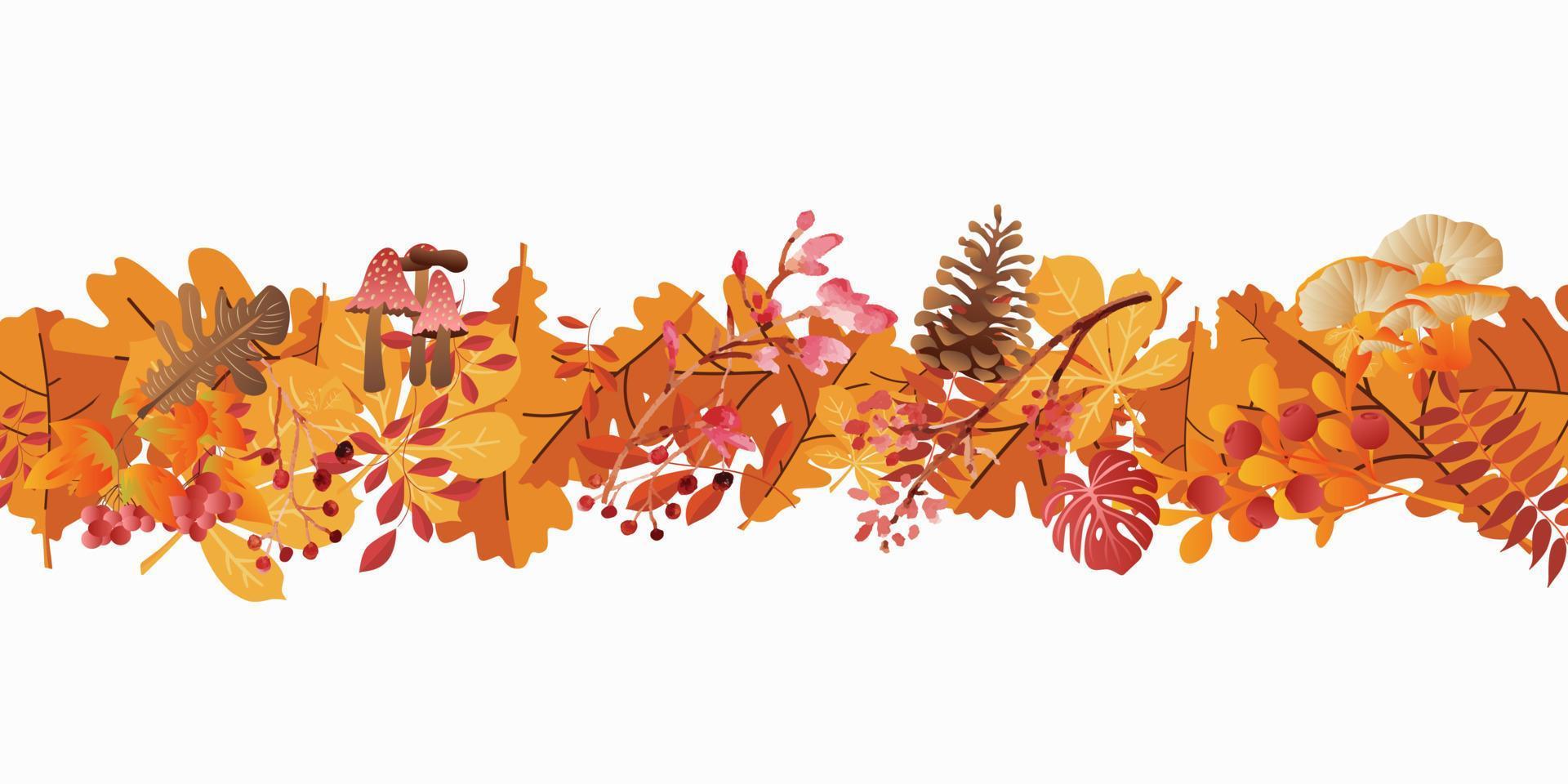 Seamless border with red, orange, brown, and green autumn leaves, pumpkins, and pine cones. Vector illustration