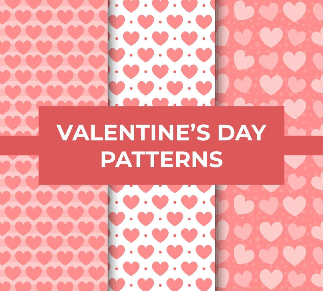 conjunto de patrones de san valentín para paquete con corazones en colores rosas ilustración vectorial en estilo plano vector