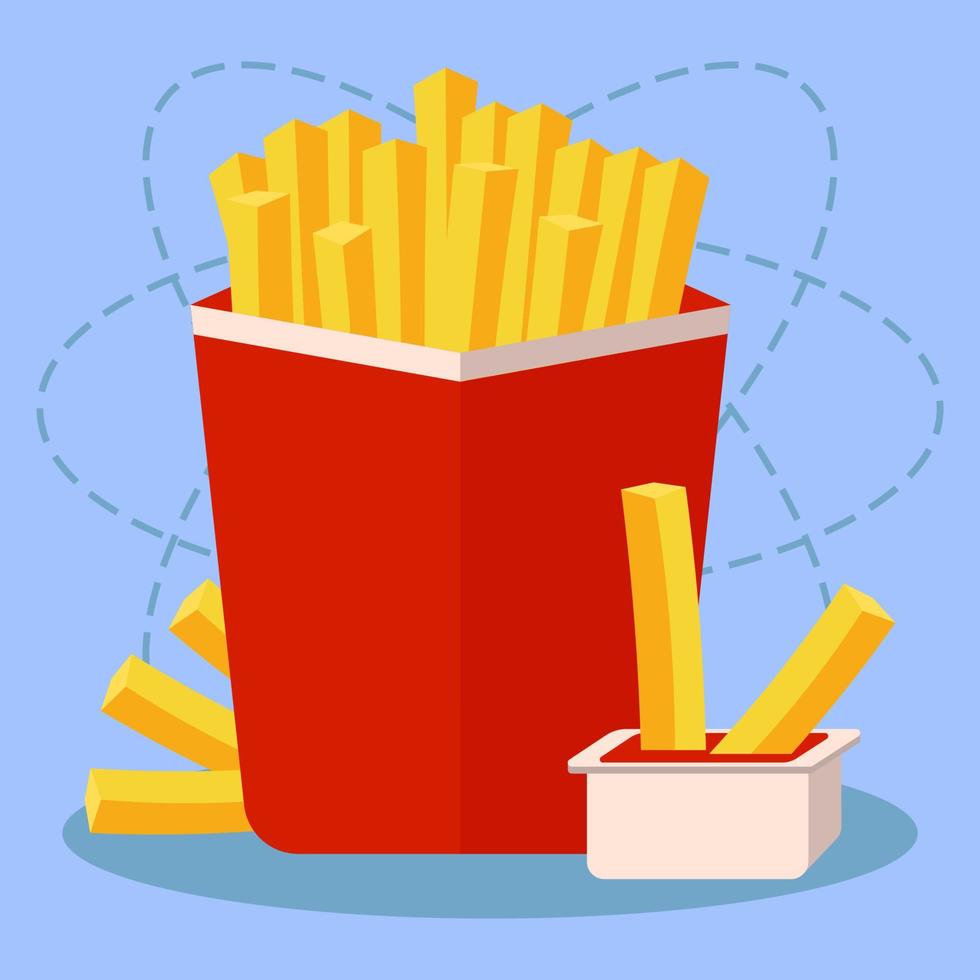 French Fries Potato In Paper Red Box And Sauce. Junk Food Concept Vector Illustration In Flat Style