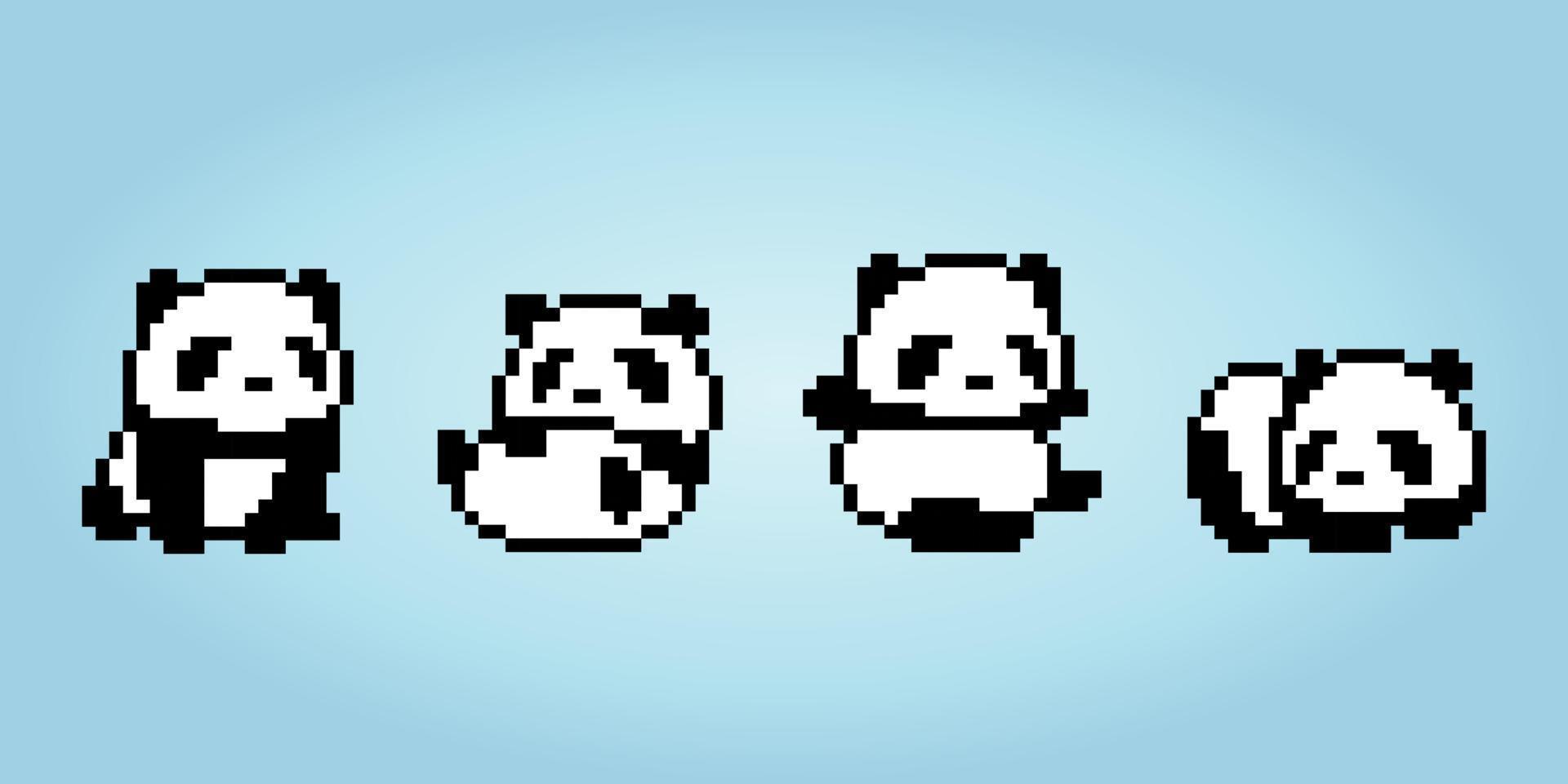 Pixel collection of 8 bit pandas. Animals for game assets and cross stitch patterns in vector illustrations.