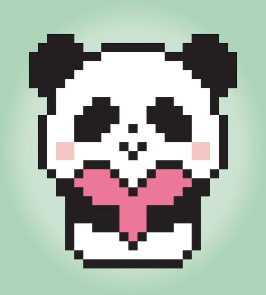 8 bit pixels panda holding love. Animals for game assets and cross stitch patterns in vector illustrations.