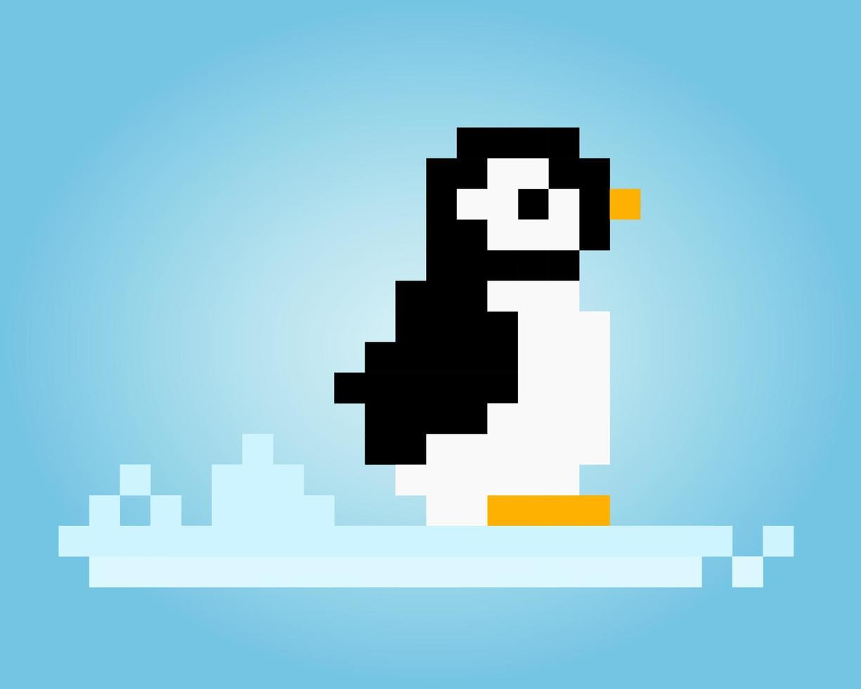 Pingüino de píxeles de 8 bits. animales para activos de juego y patrones de punto de cruz en ilustraciones vectoriales. vector