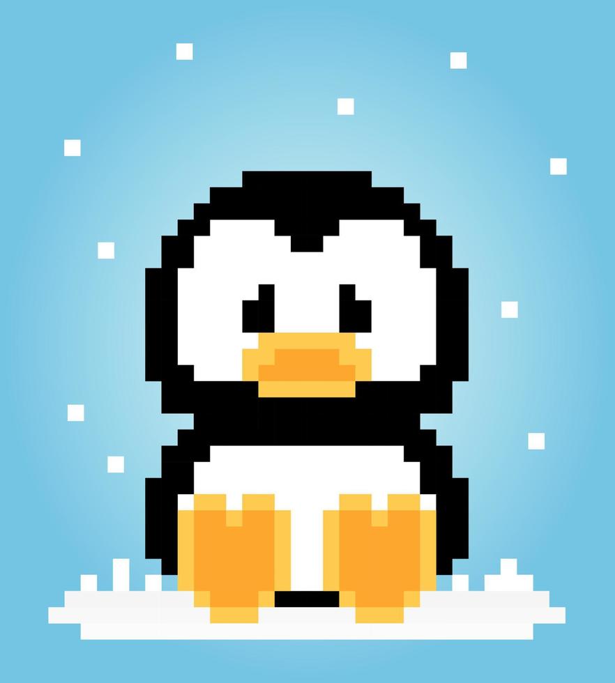 8 bit pixels penguin is sitting. Animals for game assets and cross stitch patterns in vector illustrations.