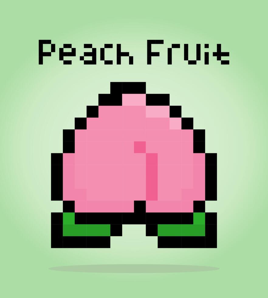 8 bit pixel peach. Pixel Fruits in Vector illustration for game assets or cross stitch pattern.