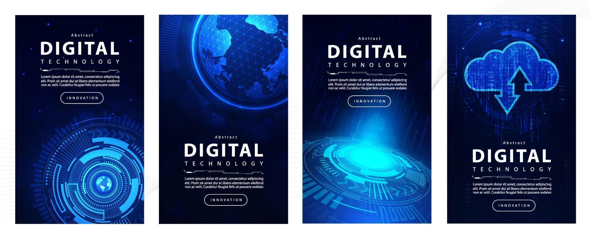 Blue abstract layout science and digital technology background banner set, Cloud cyber futuristic tech, innovation future Ai big data, world internet network connection, hi-tech illustration vector 3d