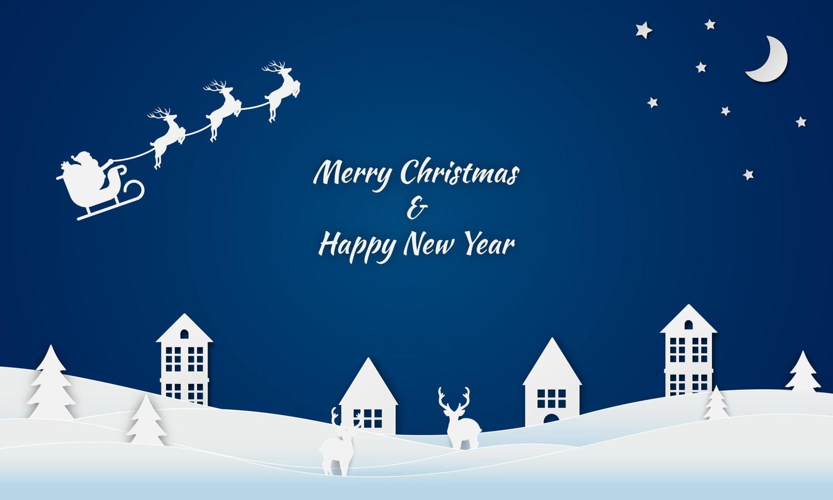 Merry Christmas and happy new year paper cut concept. Christmas and with Santa's sleigh flying, moon, fir trees, stars, house, and deers paper cut concept on blue background. Vector illustration