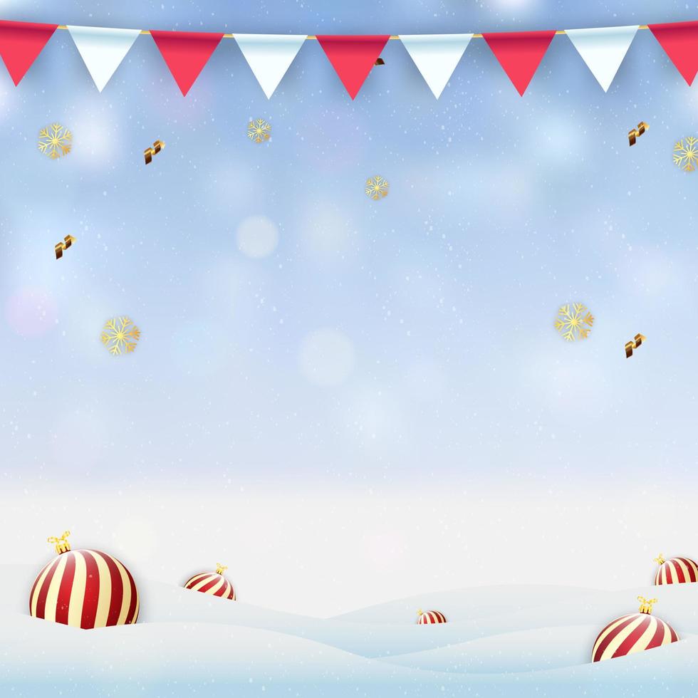 Merry Christmas and happy new year on winter background. Merry Christmas with flags party, garland and christmas ball. Winter holiday Christmas and new year background. Vector illustration