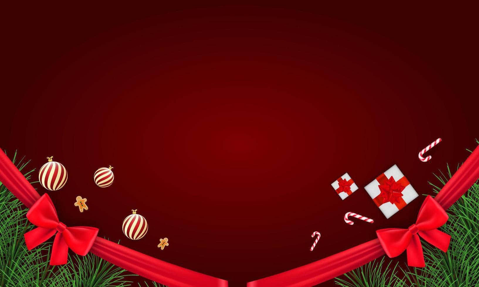 feliz navidad y feliz año nuevo sobre un fondo rojo. feliz navidad con bolas de navidad y ramas de abeto de caramelo, caja de regalo y dulces. navidad y año nuevo ilustración vectorial vector