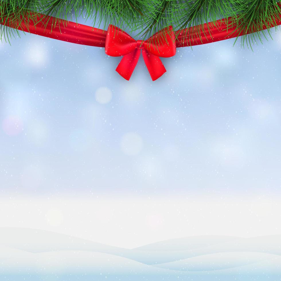 Merry Christmas and happy new year on winter background. Merry Christmas with bow ribbon, fir branches. Winter holiday Christmas and new year background. Vector illustration