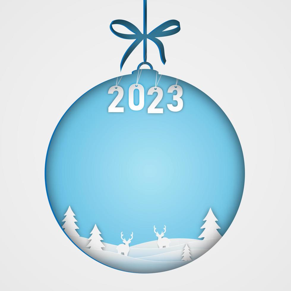 Merry Christmas and happy new year papercut concept. Christmas ball and happy new year 2023 and fir trees, stars, deers paper cut concept on blue background. Vector illustrator