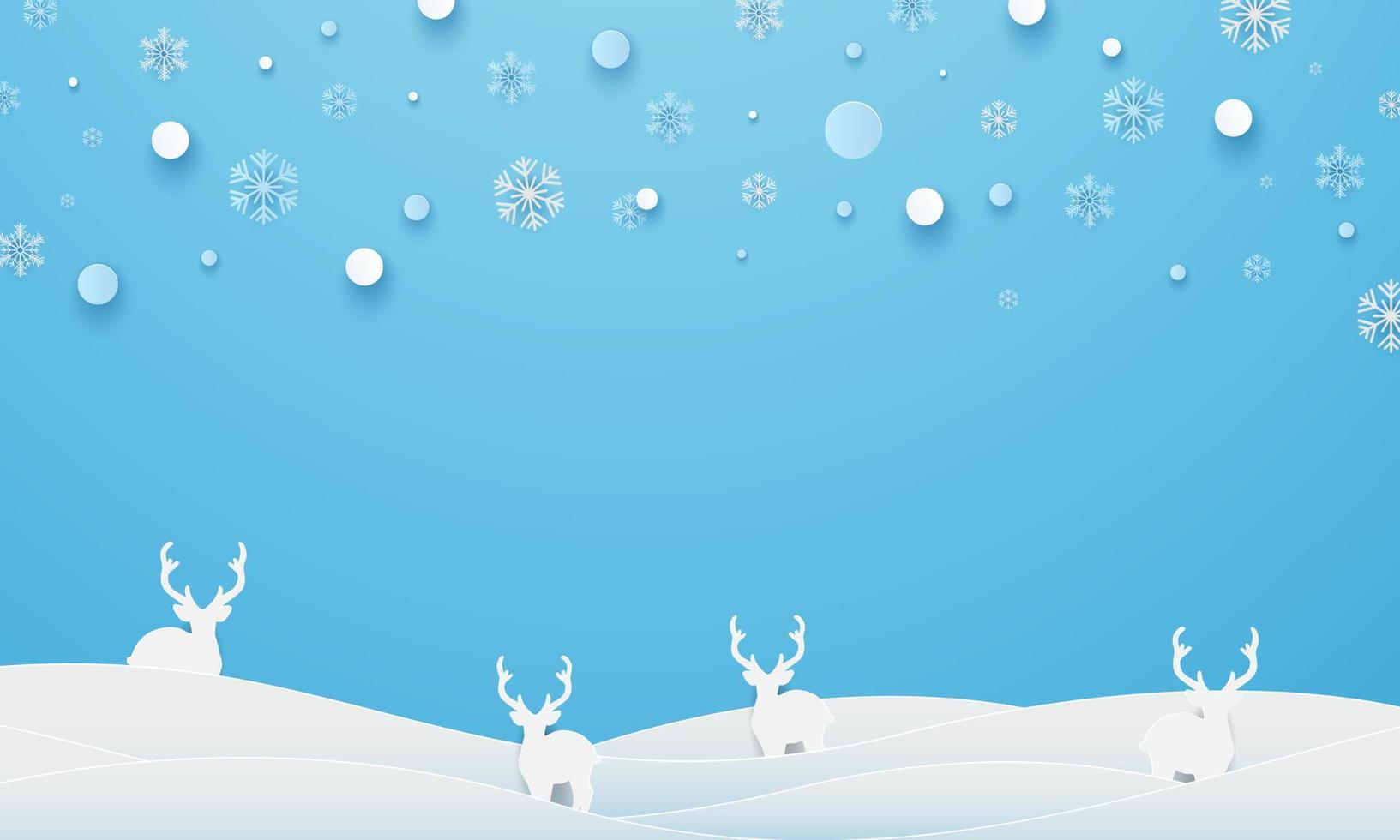 Merry Christmas and happy new year papercut concept. Christmas and with snowflakes, fir trees, stars, deers paper cut concept on blue background. Vector illustrator