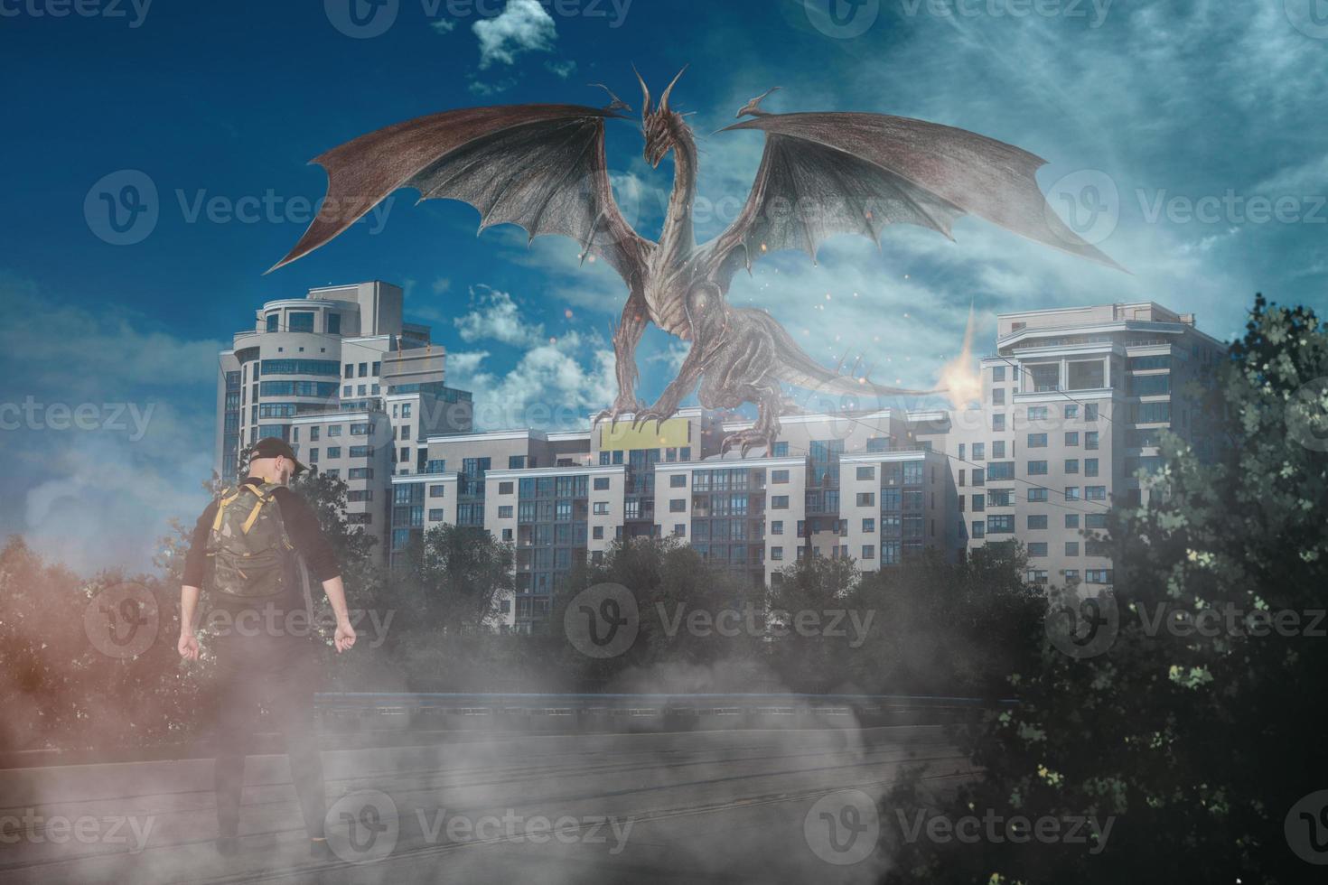 Young man hunting a real dragon 16413762 Stock Photo at Vecteezy