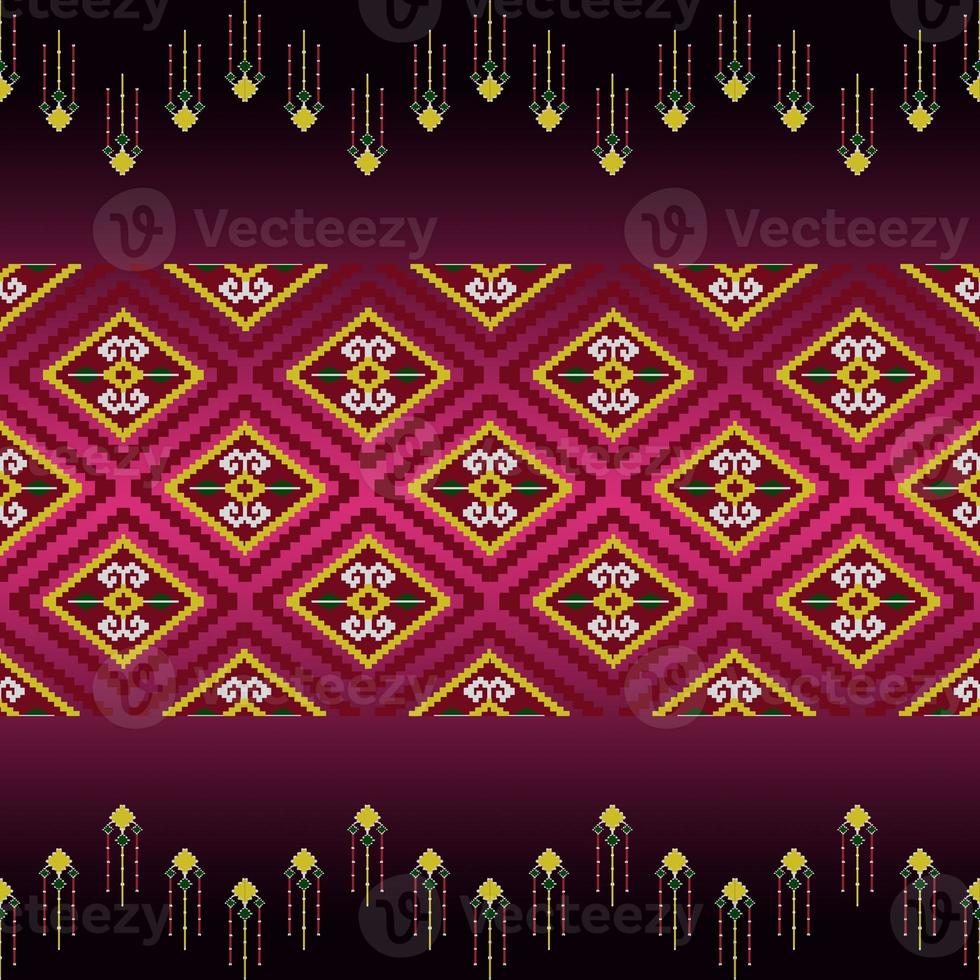 Beautiful colorful Thai knitted embroidery. geometric ethnic oriental pattern traditional on black background, Thai pattern culture with clipping path photo