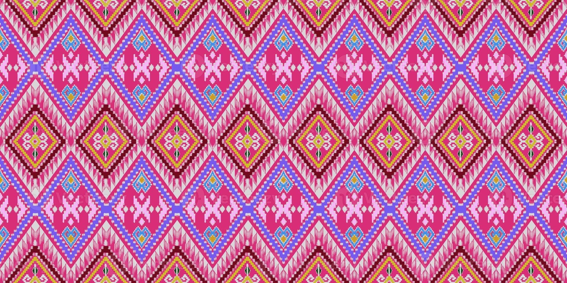 Beautiful colorful Thai knitted embroidery. geometric ethnic oriental pattern traditional on black background, Thai pattern culture with clipping path, pink style photo