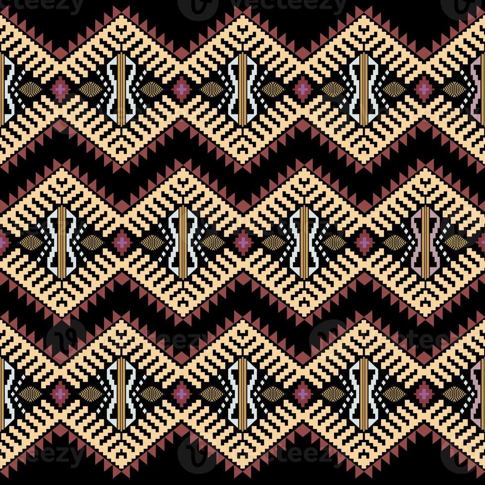 Beautiful colorful Thai knitted embroidery. geometric ethnic oriental pattern traditional on black background, Thai pattern culture photo