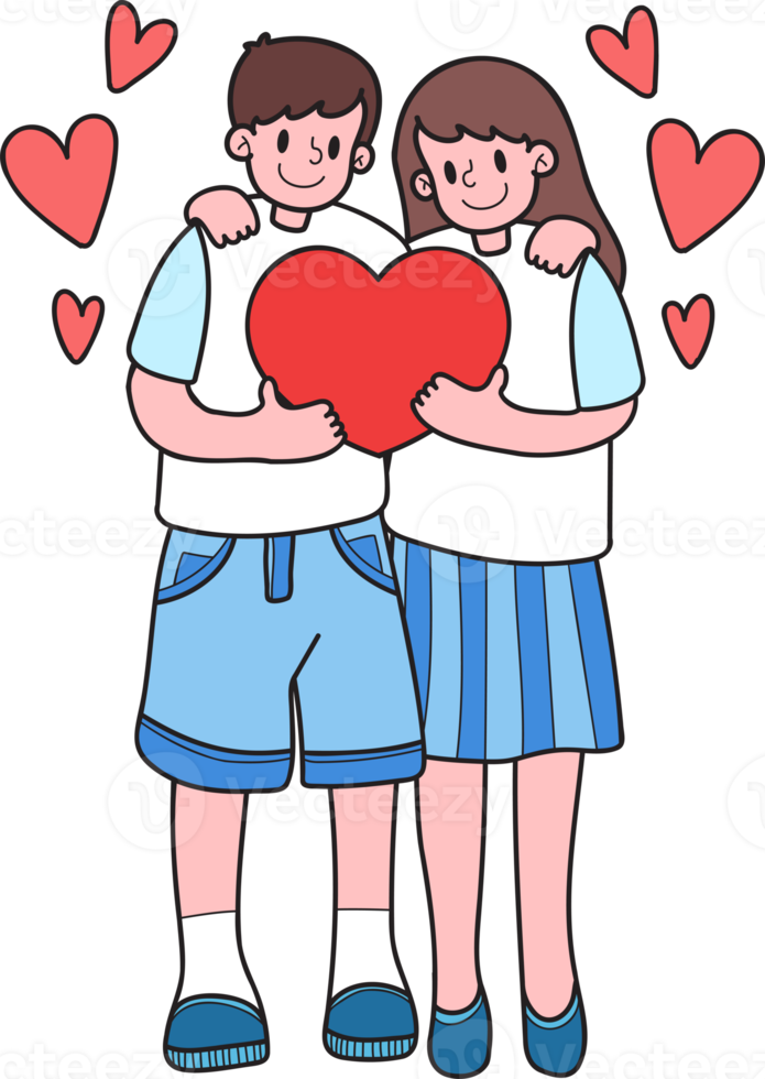 couple dessiné à la main hommes et femmes avec des ballons cardiaques étreignent illustration png