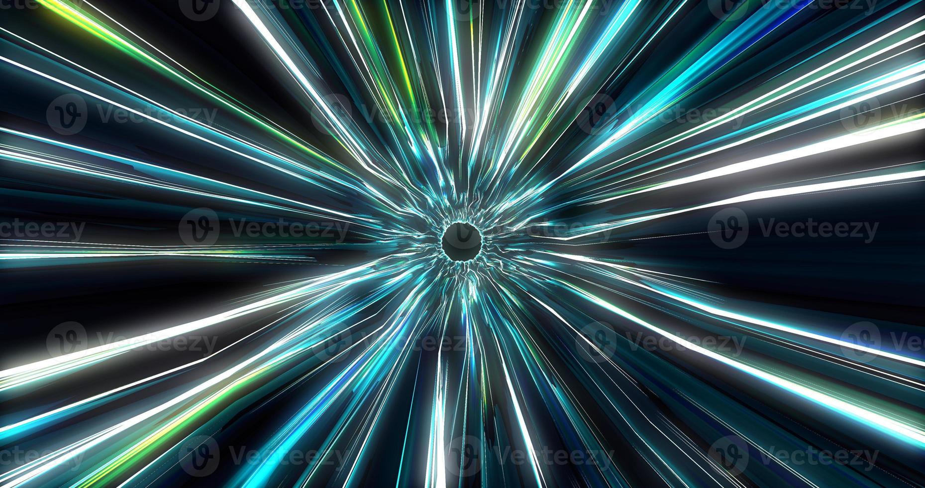 un túnel que vuela a la velocidad de la luz desde tiras de luz y haces de energía multicolores azules y blancos en movimiento. fondo abstracto foto
