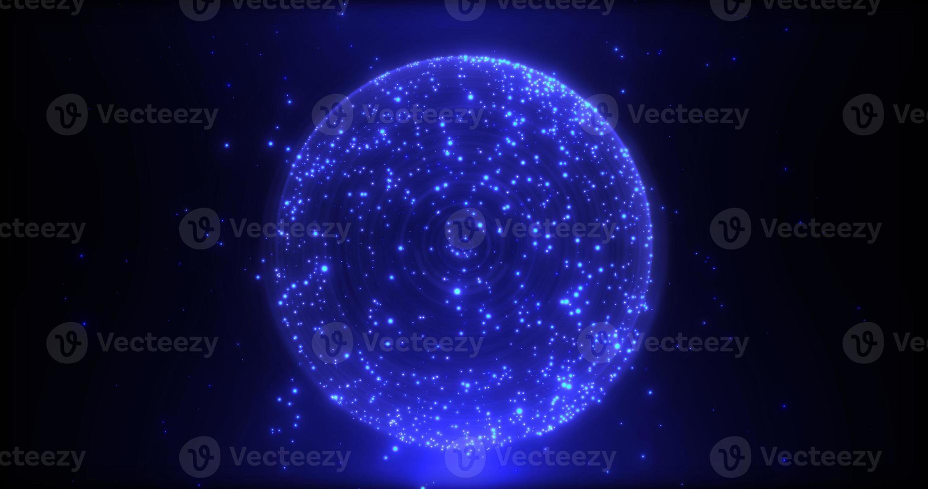 Futuristic abstract blue glowing ball, sphere of dots and particles shining magical energy glowing neon sun rays on black background. Abstract background. Screensaver photo