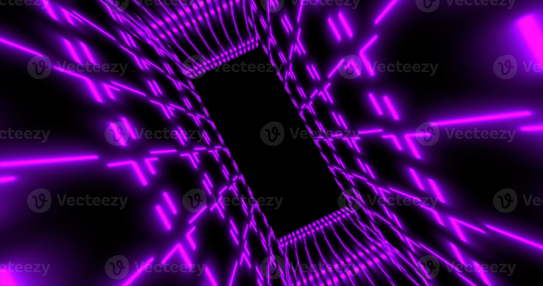 Abstract purple futuristic tunnel square rectangular grid of glowing neon lines digital beautiful magical energy on a dark background. Abstract background photo